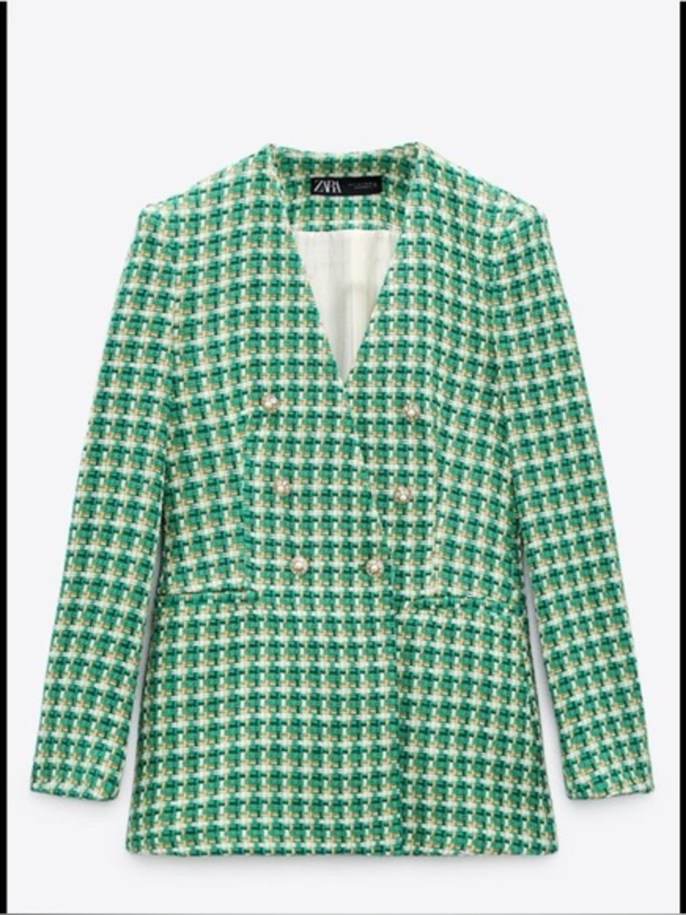 Zara Green Tweed Double-Breasted Blazer